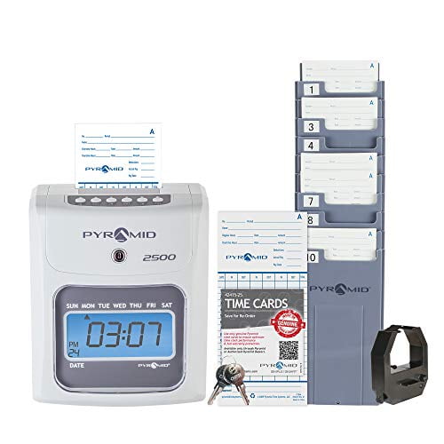 Pyramid 2500 Time Clock Bundle with 100 Time Cards and 1 Time Card Rack No Employee Limit 1 Ribbon